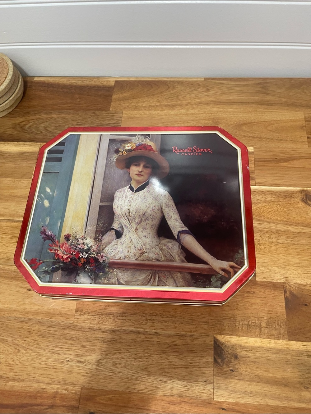 Russell Stover Red Decorative Candy Tin with Vintage Lady Artwork